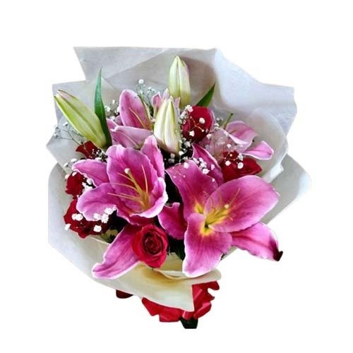 Lush Arrangement of Pink Lily, Red Rose Bouquet (Fresh)