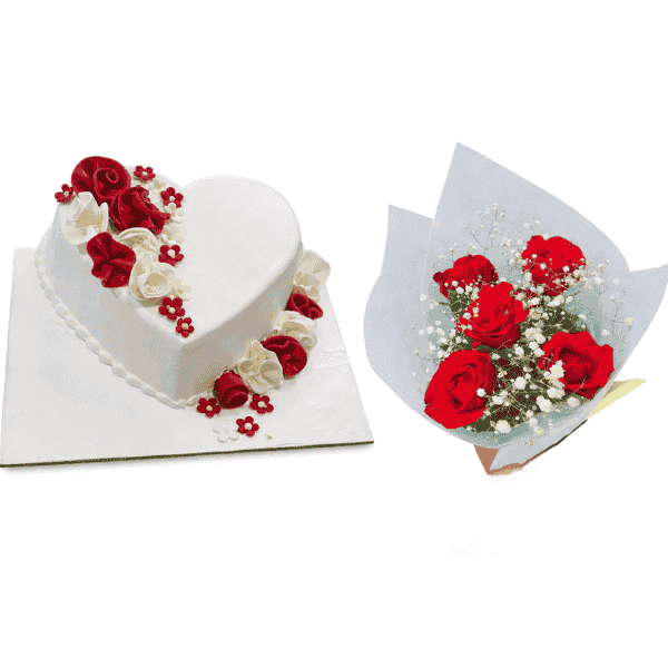 cake and flower bouquet