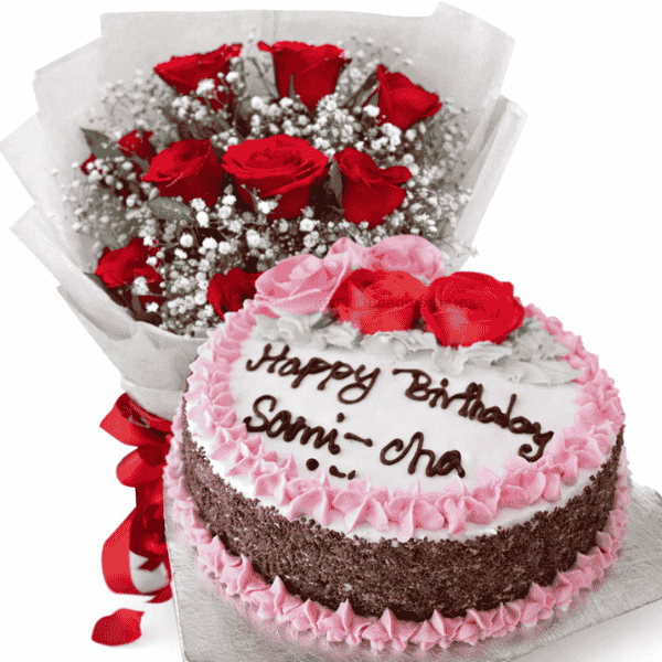 cake with red roses bouquet