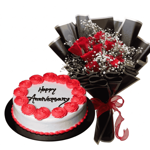 combo anniversary with red roses bouquet
