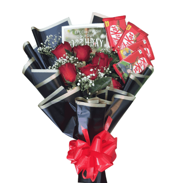 Red flowers bouquet birthday card and kitkat