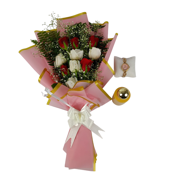 Rose bouquet, ladies' watch, and perfume gift set