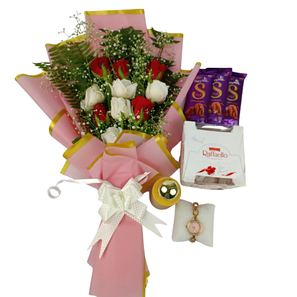 Birthday gift hamper with cake, roses, chocolates, watch, and perfume