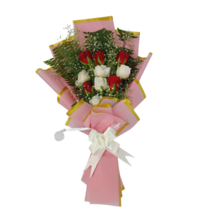 Bouquet of 5 red roses and 5 white roses with baby's breath wrapped in pink paper