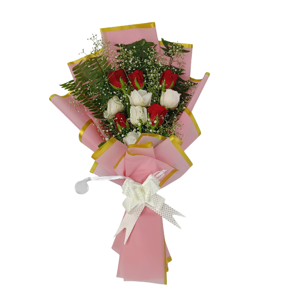Bouquet of 5 red roses and 5 white roses with baby's breath wrapped in pink paper