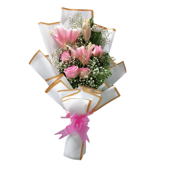 Fresh Pink Lily Rose Bouquet with Babys Breath Gift