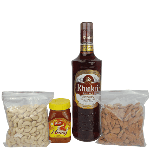 Khukri Rum Dabur Honey Cashews Almonds Gift Hamper
