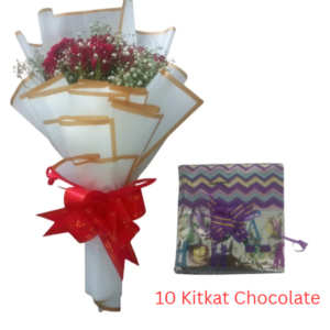 15 red roses and 10 kitkat chocolates.